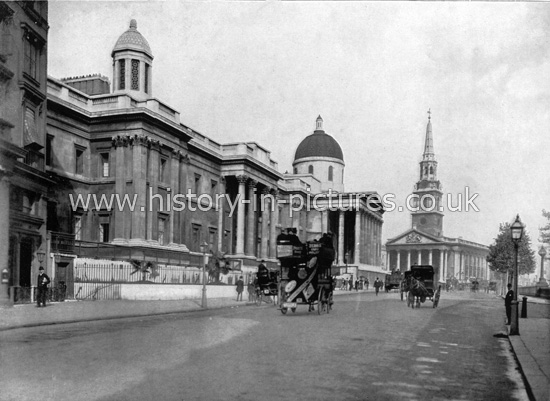 The National Gallery & St. Martin's Church, Trafalgar Square. London. c.1890's.